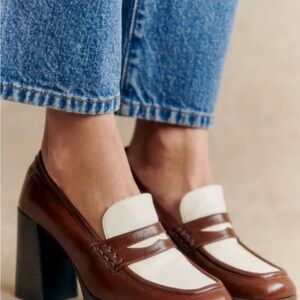 Sezane Brown and Cream Heeled Loafers